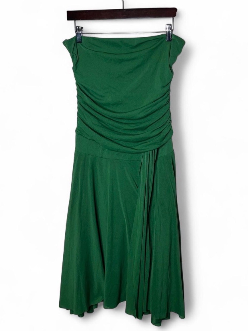 Vintage Carabella Collection Green Strapless Drop Waist Draped Midi Dress